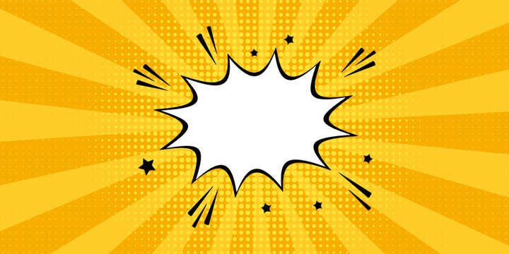 Pop art comic book background featuring blank explosion speech bubble over yellow sunburst rays. Vibrant vector illustration with halftone dot pattern texture, perfect for retail sale banner, creative