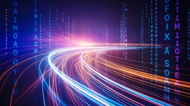  Futuristic data stream highway with binary code and digital technology background