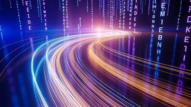  Futuristic data stream highway with binary code and digital technology background