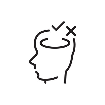 Cognitive bias vector icon featuring an open human head profile with a checkmark and cross mark symbol floating above. Representing flawed decision making, psychological prejudice, and mental error.