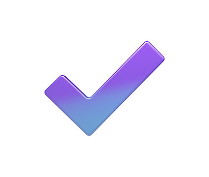 Vibrant 3D rendered tick mark icon with glossy purple and blue gradient finish.