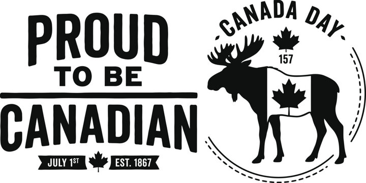 Canada Day proud to be Canadian moose graphic with maple leaf flag
