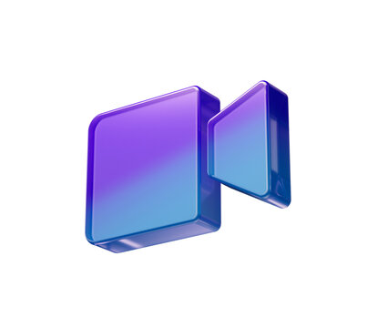 Modern 3D glossy video camera icon with purple and blue gradient.