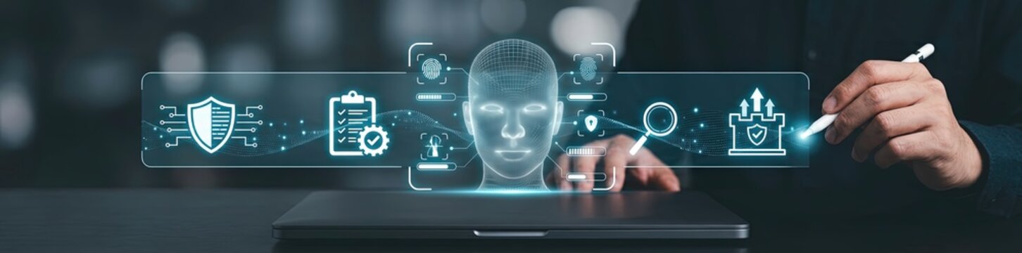 Digital transformation in technology ai and cybersecurity innovations corporate workspace graphic design futuristic environment overhead viewpoint conceptual visualization