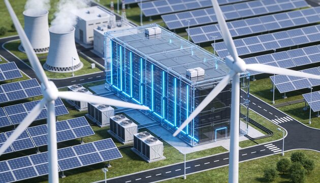 A futuristic data center is powered by a mix of renewable and nuclear energy sources in a green landscape.