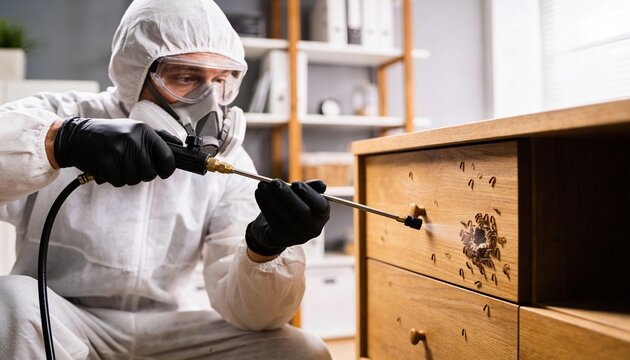 A pest control technician in protective gear sprays a wooden cabinet infested with wood-boring insects, addressing a significant pest problem.
