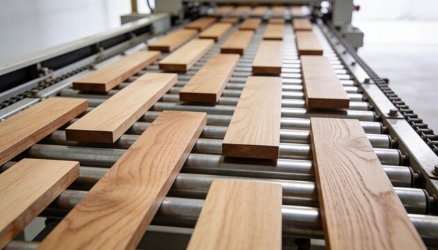 Wooden planks are transported along a roller conveyor system, showcasing industrial woodworking processes.