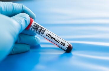 Obraz premium Blood sample tube for vitamin B9 test analysis.
