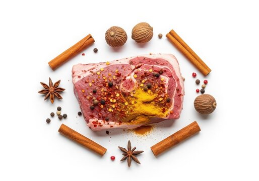 Seasoned beef steak with spices and herbs arranged in a circular pattern