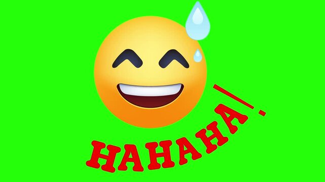 A Grinning Yellow 3D Emoji Face with Cold Sweat and Red HAHAHA Text 4k stock animation video on a green screen background for chroma key background for video editing.