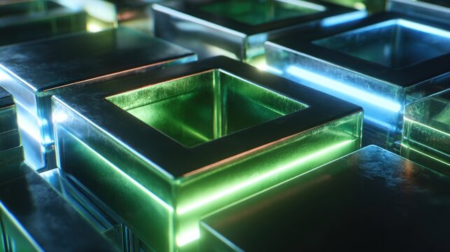 Illuminated metallic square recesses form an abstract, repeating geometric pattern with vibrant neon accents.