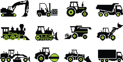 Construction and Agricultural Vehicle Pixel Icon Collection with Excavator Tractor Truck and Heavy Machinery Symbols for Graphic Design Projects © GeetaRani