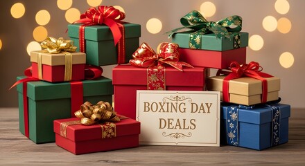Boxing day deals with stacked gift boxes and bokeh lights gift box christmas