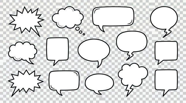 Collection of various cartoon speech bubbles and thought clouds in different shapes and sizes isolated on transparent background