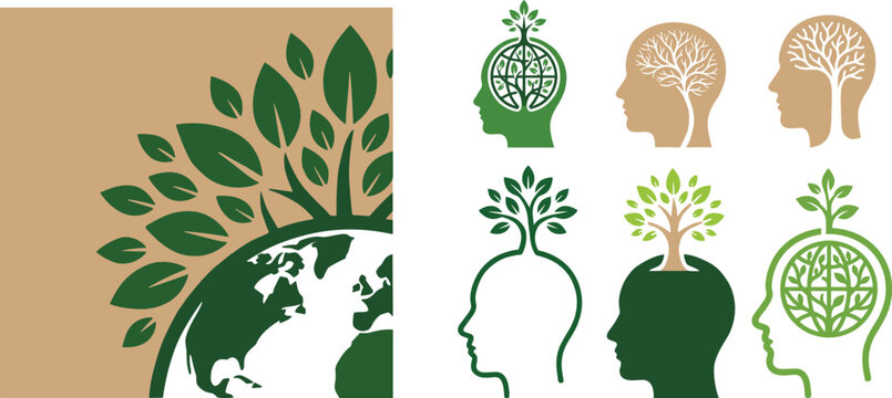 Human Mind and Nature Growth Logo Collection with Tree Brain Ecology and Creative Thinking Symbols for Graphic Design Projects