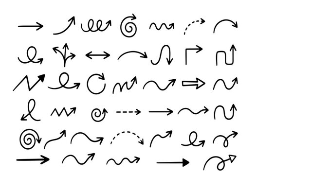 arrows vector collection pack with black minimalist linear sketchy design elements on white background.