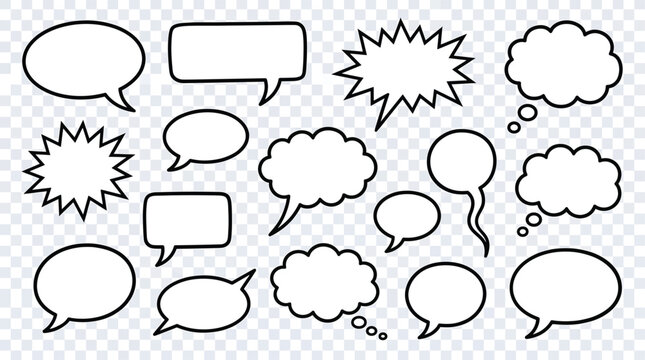 Set of comic book style speech bubbles and thought clouds for dialogue and conversation  various shapes and sizes for creative expression