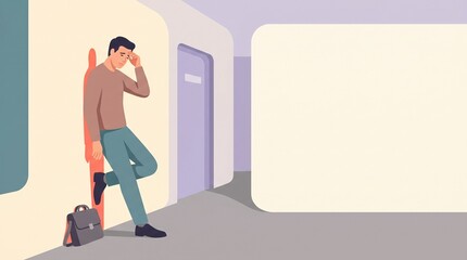 Fototapeta premium Man Waiting with Travel Bag Illustration for Career Transition and Relocation Support with Quiet Doorway Copy Space
