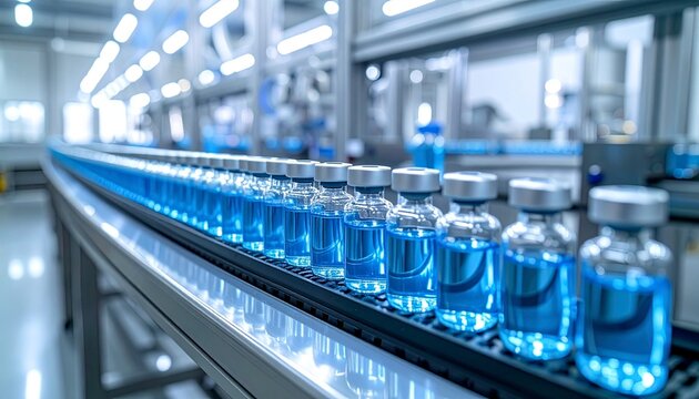 "Automated pharmaceutical production line with glass vials of blue liquid, sterile environment symbolizing precision medicine and vaccine manufacturing."