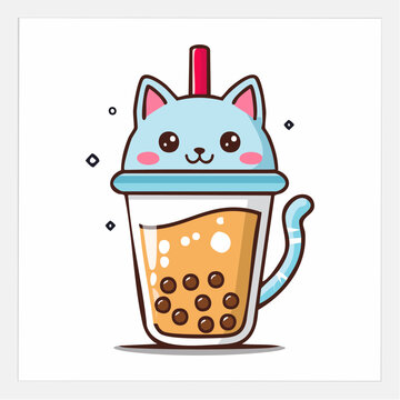 Cute Cat Boba Tea Illustration