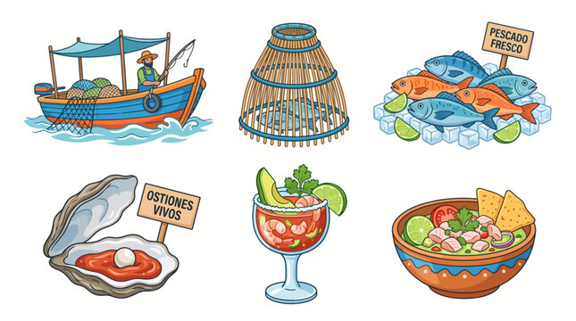 Fresh seafood assortment on display at a coastal market with a boat and fish trap nearby.