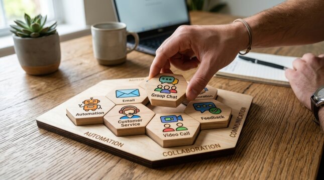 Hand placing wooden puzzle piece on customer service board