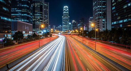 Fototapeta premium Nighttime city traffic light trails on a busy highway in Hong Kong.