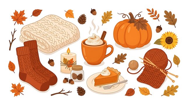 Set of autumn objects and elements for fall season design.