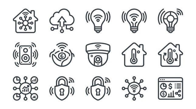 Smart home and internet of things icons for connected devices automation and monitoring.