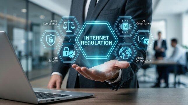 Modern digital environment featuring an internet regulation interface and cybersecurity icons above a businessman's hand.