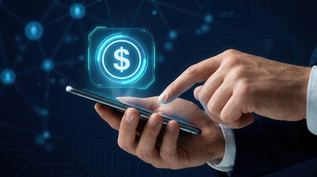 Man using a smartphone mobile crypto wallet to pay with USD pegged stablecoins.