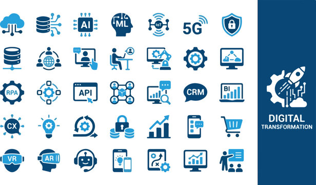 Digital Transformation Technology Symbols with AI Cloud Data Security and Business Automation