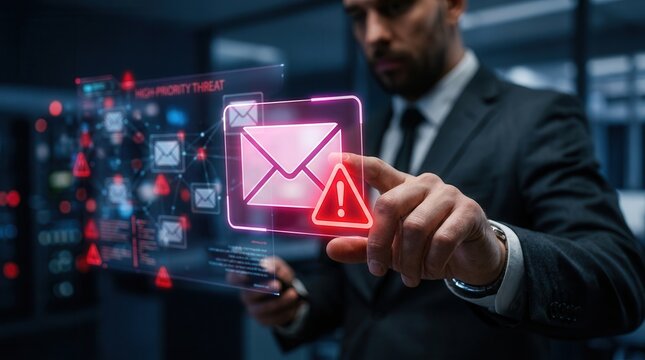 Cybersecurity concept of email security software detecting phishing scam alerts.