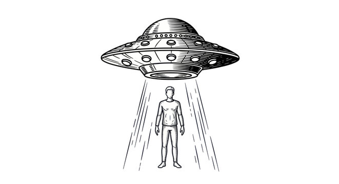 UFO Abducting Human Silhouette with Light Beams, Sketch Style