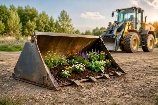 Detached front end loader bucket filled with flowers and soil at construction site