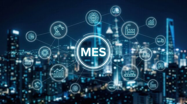 Digital manufacturing execution system displaying industrial symbols above a nocturnal metropolitan skyline.