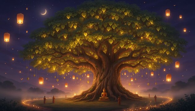 Luminous bodhi tree at night with floating lights for waisak day background