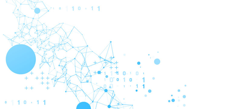 Abstract digital network background with interconnected nodes, lines, and binary code 0, 1 on white. Modern technology concept for data, AI, and IT.