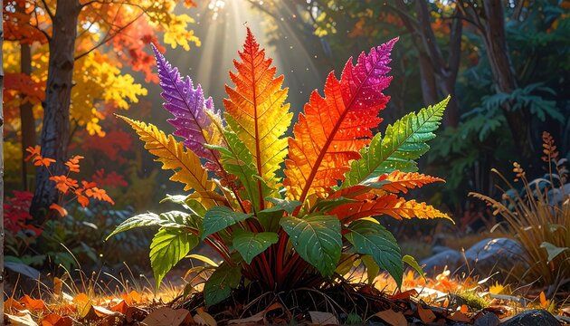 A vibrant, otherworldly plant with rainbow-colored fronds is bathed in sunlight amidst a golden forest setting