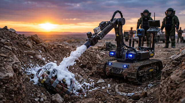 Robot clears unexploded ordnance with foam in minefield during sunset for safe recovery and clearance operations