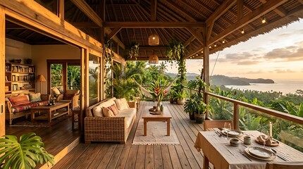 Obraz premium Tropical retreat Open-air terrace with ocean views and lush greenery, perfect for relaxation and dining
