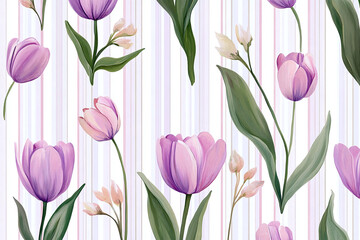 Obraz premium pattern with elegant tulip flowers on a soft pastel striped background. Hand-drawn botanical illustration in delicate peach, cream and green tones with subtle texture, creating a light romantic spring