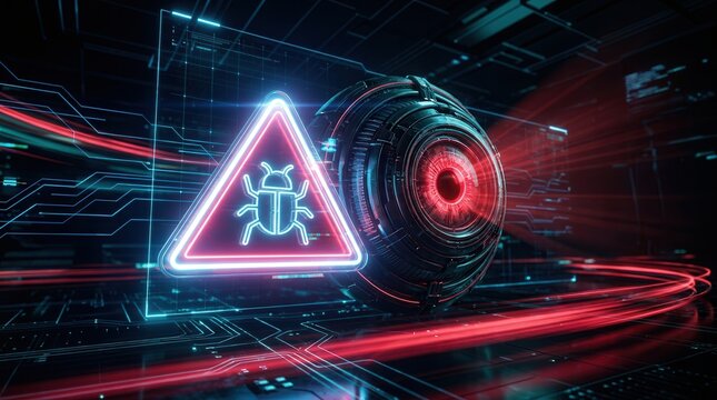 Futuristic neon cybersecurity concept with a malware warning triangle and an electronic eye on a dark technological backdrop.