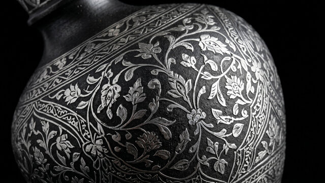 Traditional Bidri craft metalwork with pure silver wire inlay intricate floral patterns on matte black oxidised zinc alloy on black background