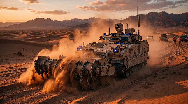 Robot vehicle clears landmines in a sandy desert landscape during sunset to ensure safety for future use of land