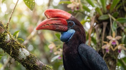 Obraz premium A vibrant hornbill perches on a mossy tree branch in a lush forest environment.