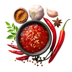 Bowl of spicy tomato soup with fresh ingredients and spices on white background © MdOmar