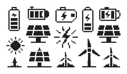 Pixel art solar energy icons set including wind turbines batteries and sun power elements. © MDIKRAM