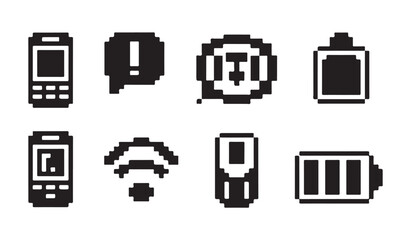Set of pixel art icons featuring mobile phones, chat bubble, headphones, battery, and wifi signal. © MDIKRAM