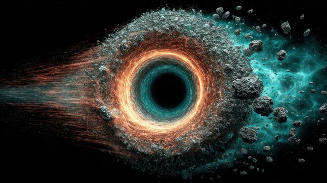 Cosmic gravity well pulls in stellar debris and glowing matter against a dark void background